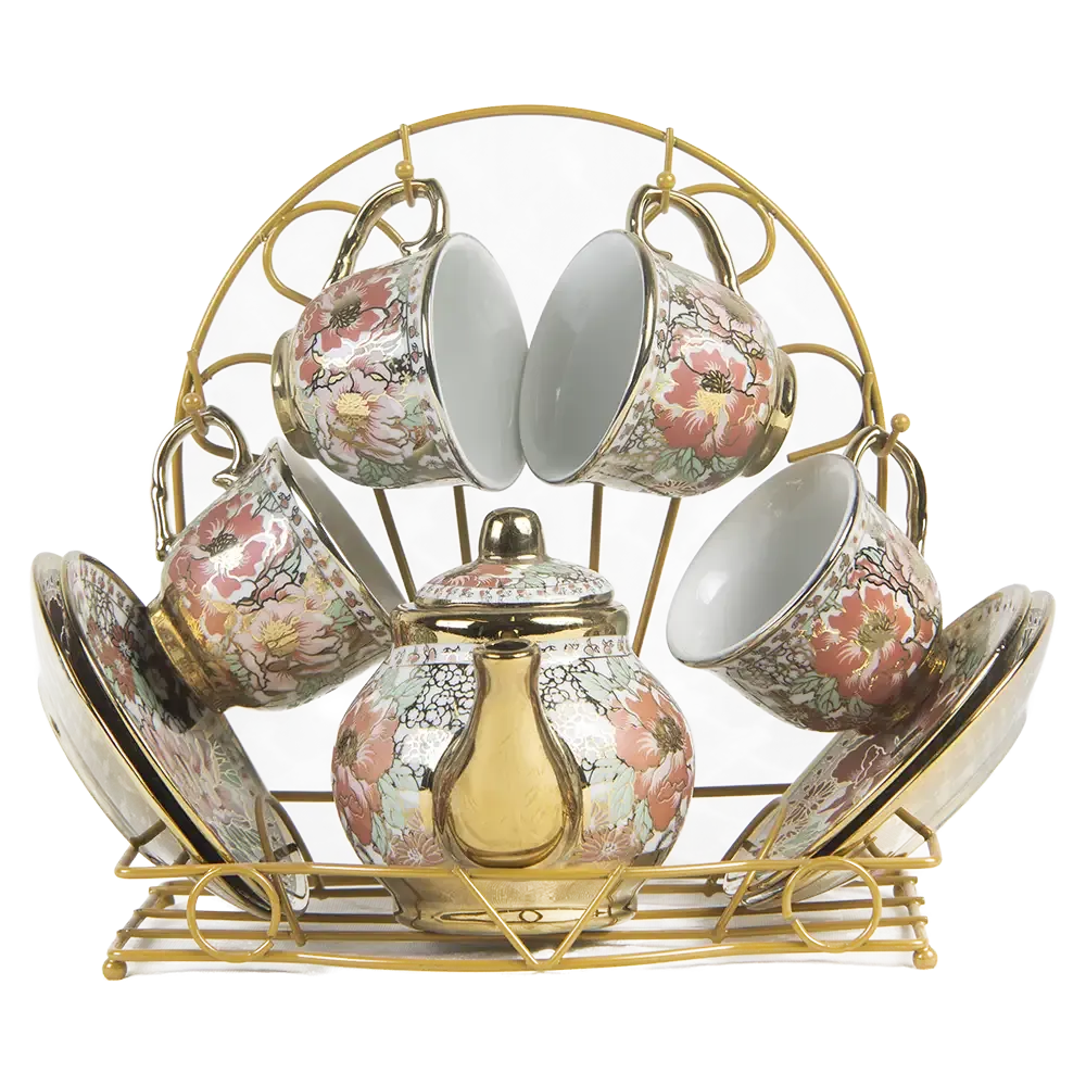 Juego de té, forma de bulbo, cuatro tazas terminado color dorado