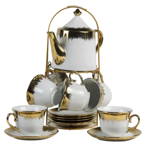 Juego de té de cilindro metálico terminado color dorado