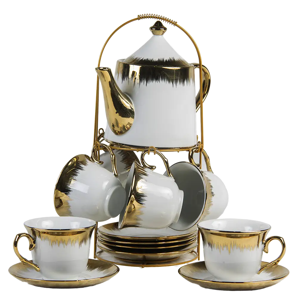 Juego de té de cilindro metálico terminado color dorado