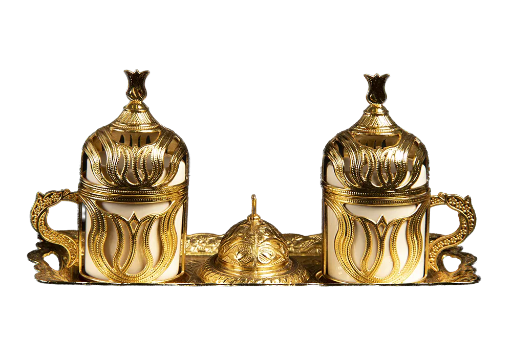 Juego de te turco dos tazas para té o café expreso, una pieza para poner dátil y la charola