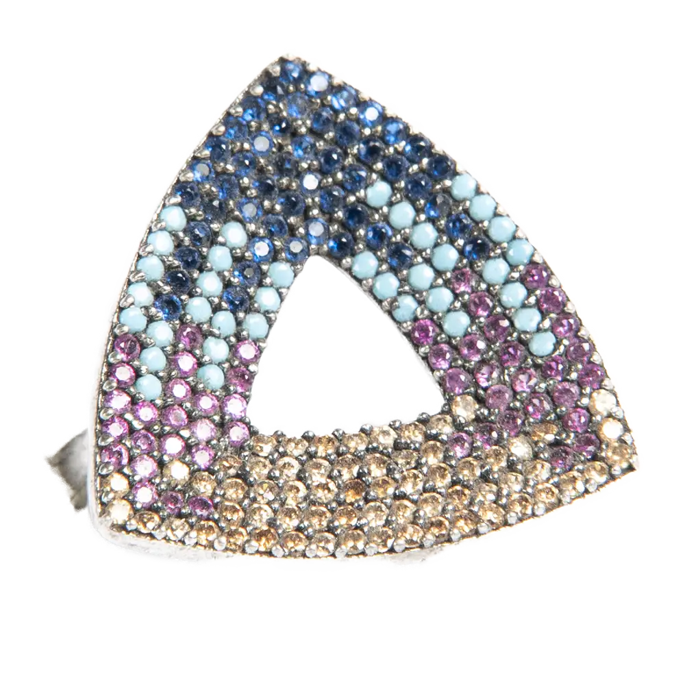 Anillo triangular tonos azules, magenta y dorado