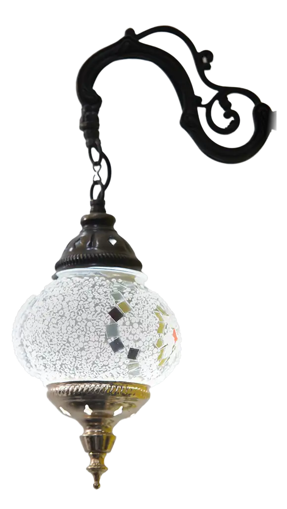 Candil para pared forma en bulbo, color blanco, detalles en colores tierra