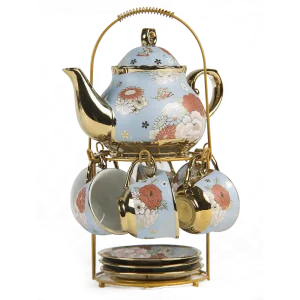 Juego floral de té el forma de bulbo, terminado azul cielo