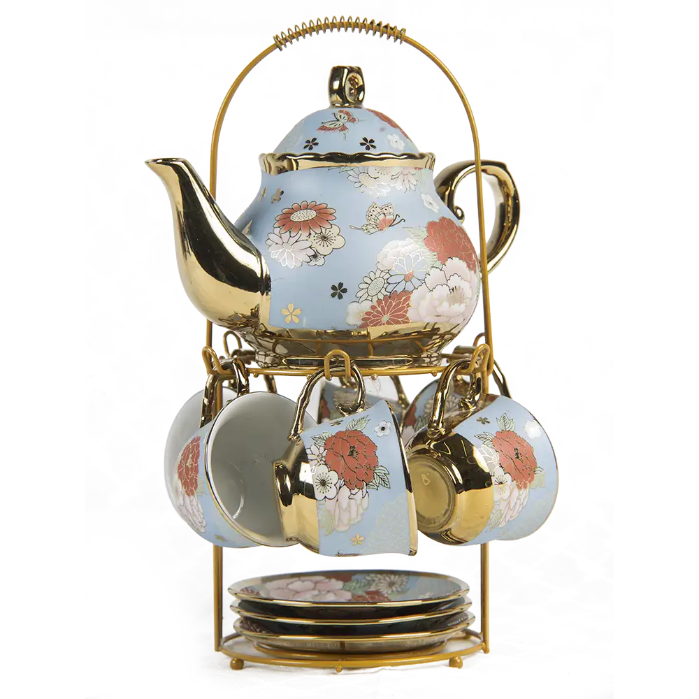 Juego floral de té el forma de bulbo, terminado azul cielo