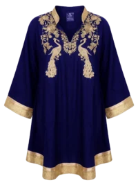 Blusa de lino pakistaní, Azul Marino con bordado en hilo