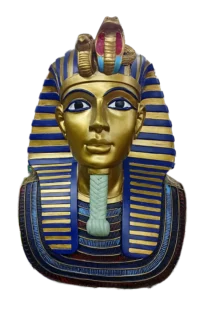 Figura de busto del rey Tutankamón de la dinastía egipcia, con máscara de cobra dorada y buitre.