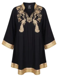 Blusa de lino pakistaní, negra con bordado en hilo